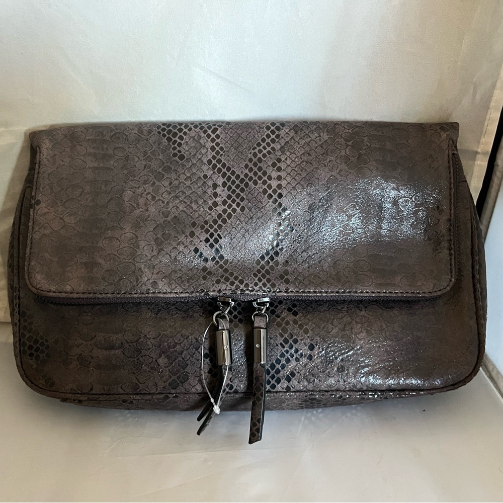 Banana Republic Metallic Snake-Embossed Clutch in Dark Taupe